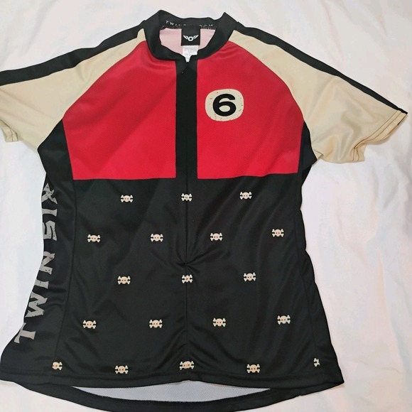 Twin Six Tops - TwinSix Cycling Jersey Women's Large 3/4Zipper Pockets ShortSleeve ScarletSkulls